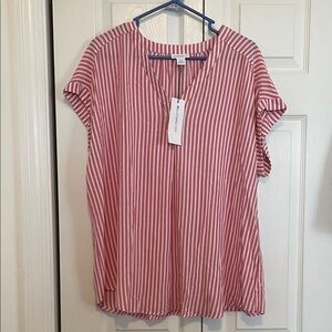 NWT Liz Claiborne Pink/White Striped V-Neck Cuffed Short Sleeved Tunic Bohemian